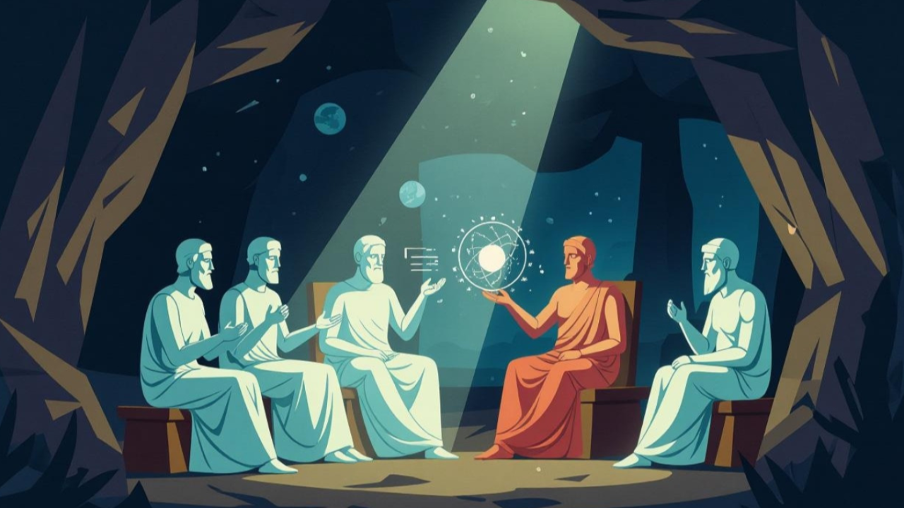 A stylized philosophical scene showing a facilitator sharing a glowing model with peers seated in a cave